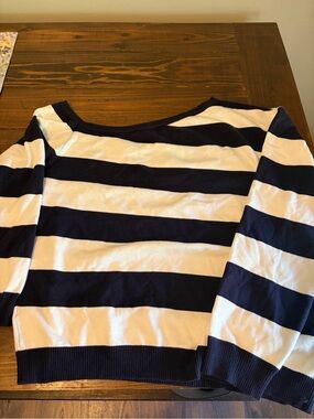 Navy and White Off-the-Shoulder Striped Sweater